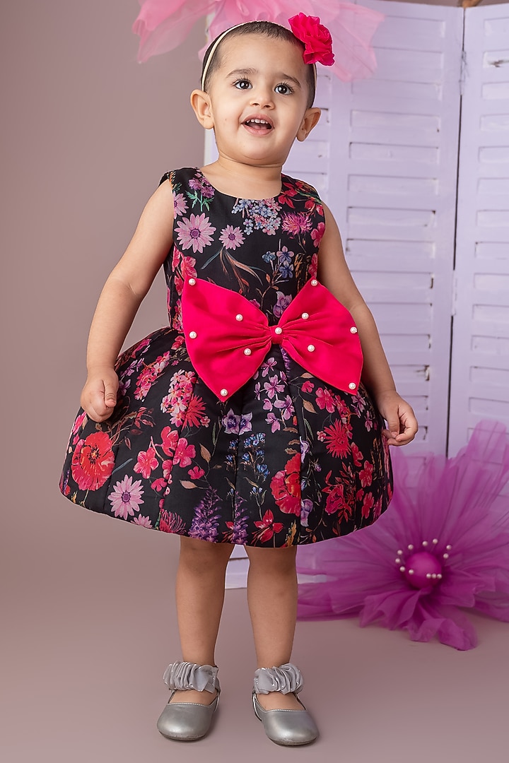 Black Organza Floral Printed Flared Dress For Girls by Label Neeti at Pernia's Pop Up Shop