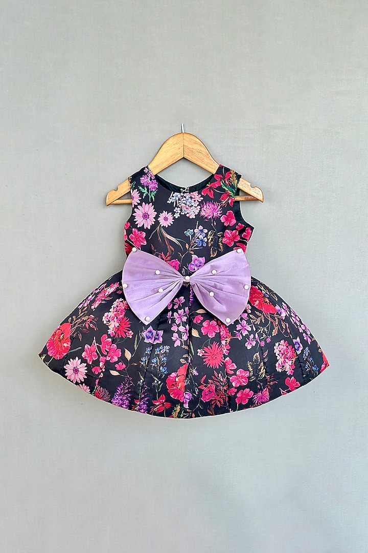 Black Organza Floral Printed Flared Dress For Girls by Label Neeti at Pernia's Pop Up Shop
