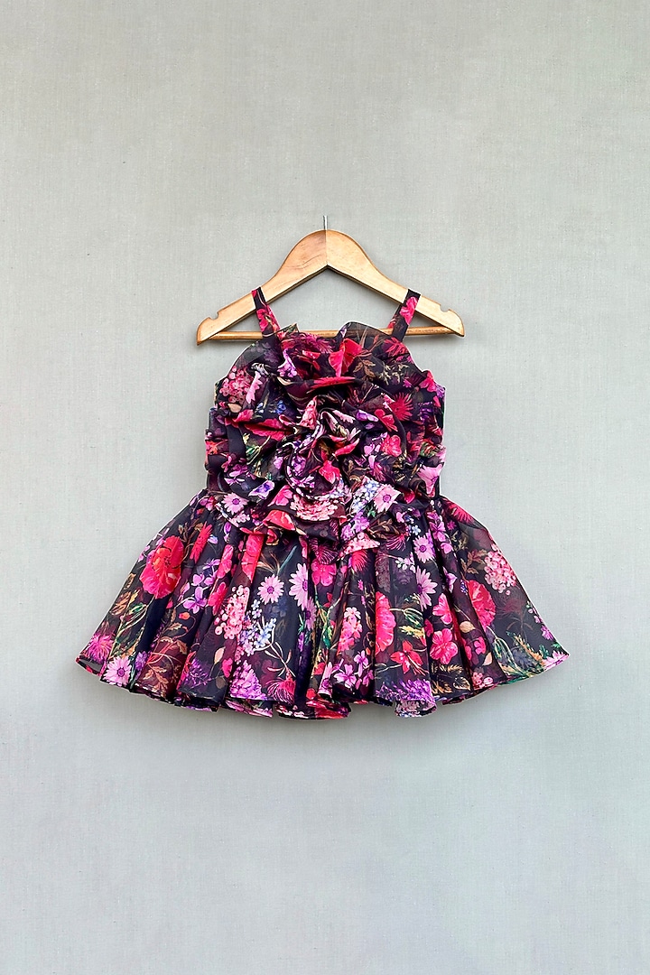 Black Organza Floral Printed Flared Dress For Girls by Label Neeti at Pernia's Pop Up Shop