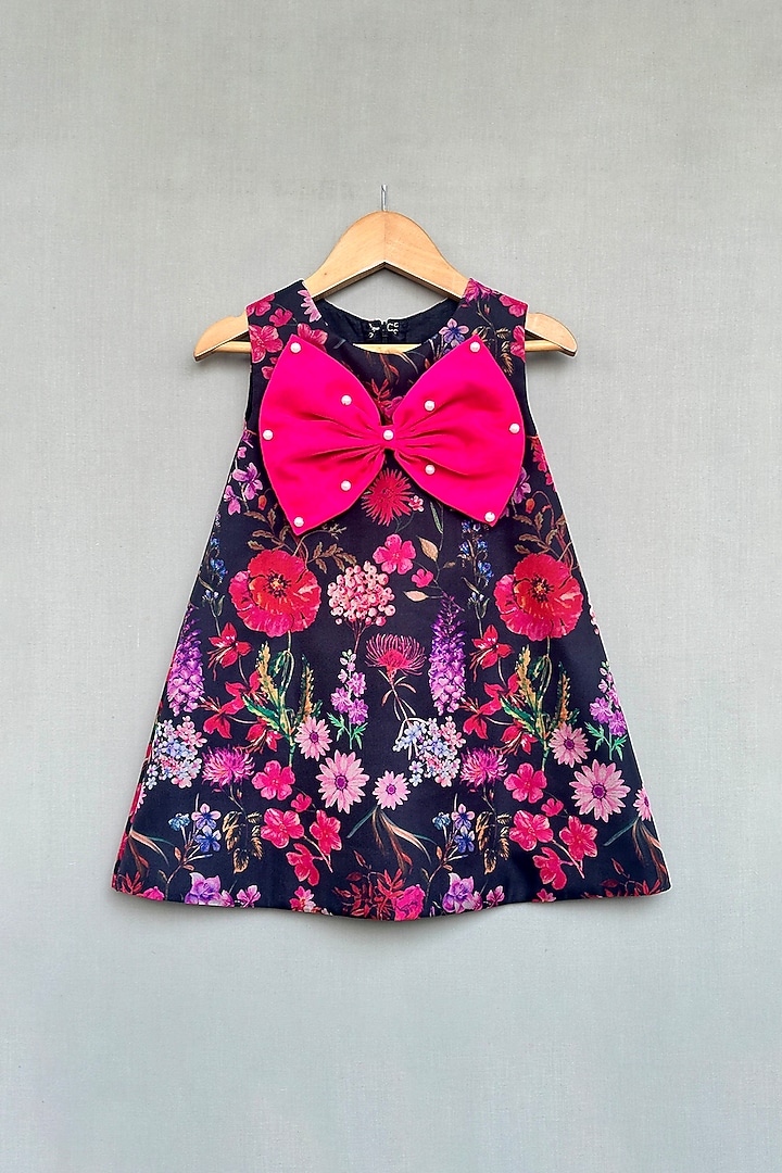Black Organza Floral Printed A-line Dress For Girls by Label Neeti at Pernia's Pop Up Shop