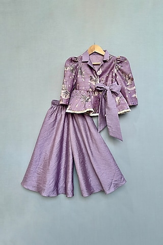 Lavender Chanderi Flared Palazzo Pant Set For Girls by Label Neeti