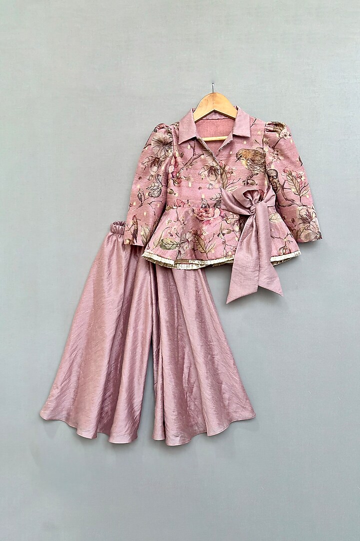 Dusty Rose Chanderi Wide-Leg Palazzo Pant Set For Girls by Label Neeti at Pernia's Pop Up Shop