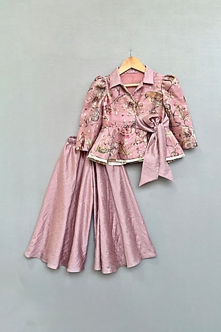 Dusty Rose Chanderi Wide-Leg Palazzo Pant Set For Girls by Label Neeti
