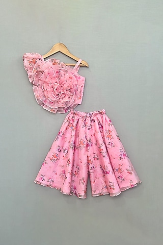 Blush Pink Organza printed Wide-Leg Palazzo Pant Set For Girls by Label Neeti