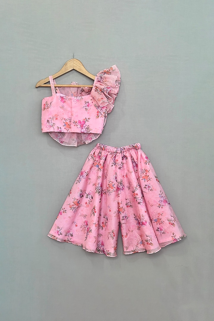 Blush Pink Organza printed Wide-Leg Palazzo Pant Set For Girls by Label Neeti at Pernia's Pop Up Shop