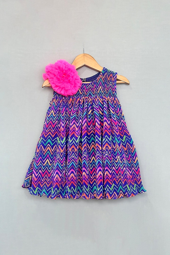 Multi-Colored Pleated Crush & Net Chevron Dress For Girls by Label Neeti at Pernia's Pop Up Shop
