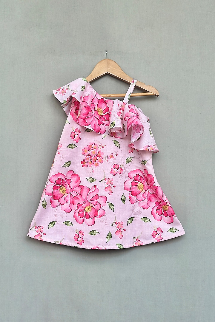 Light Pink Linen Floral Printed Dress For Girls by Label Neeti at Pernia's Pop Up Shop