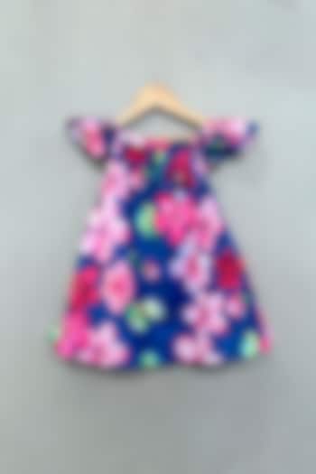 Royal Blue Muslin Floral Printed Dress For Girls by Label Neeti at Pernia's Pop Up Shop