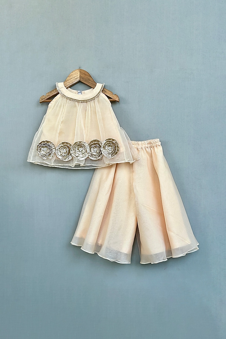 Champagne Gold Organza Wide-Legged Palazzo Pant Set For Girls by Label Neeti at Pernia's Pop Up Shop