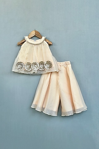 Champagne Gold Organza Wide-Legged Palazzo Pant Set For Girls by Label Neeti