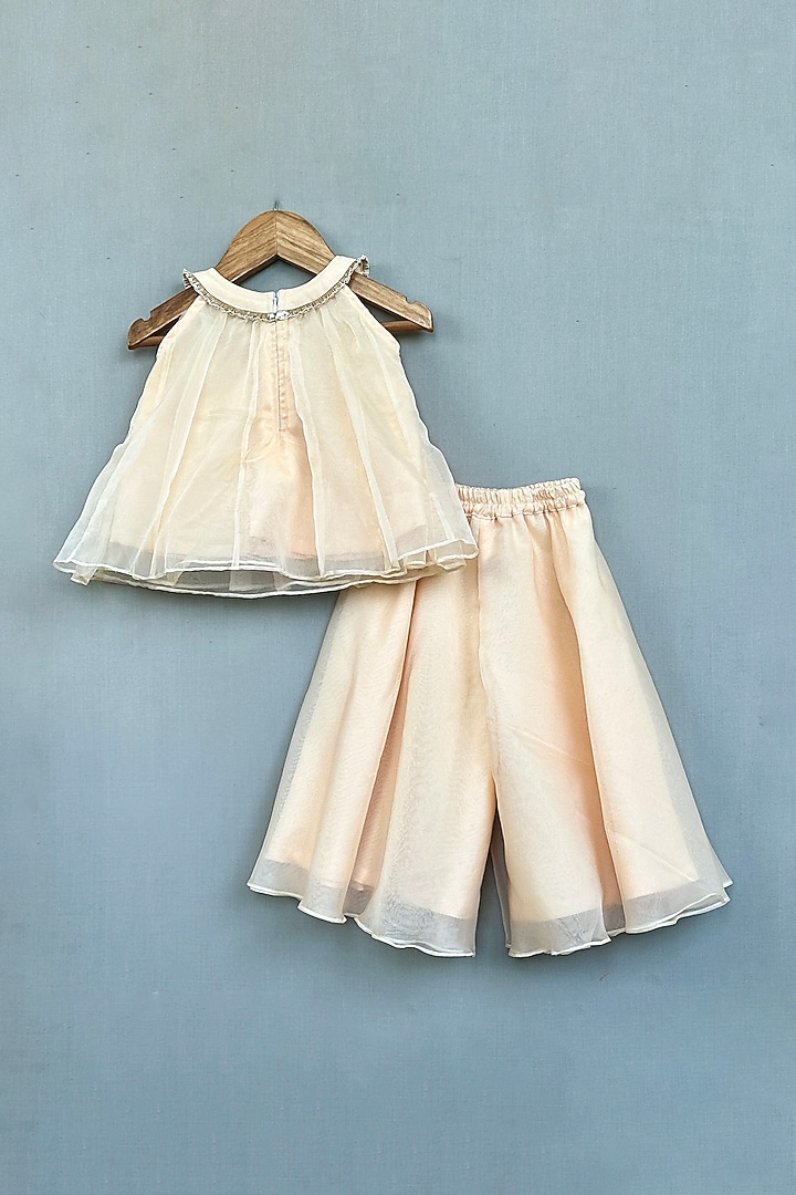 Champagne Gold Organza Wide-Legged Palazzo Pant Set For Girls by Label Neeti at Pernia's Pop Up Shop