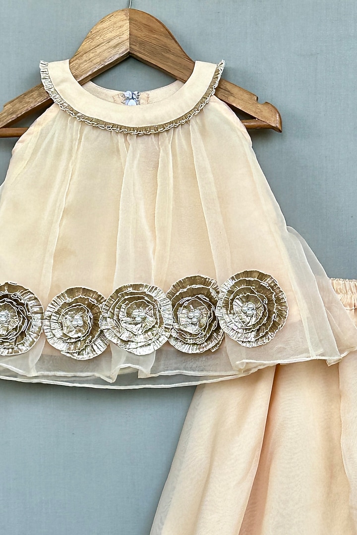 Champagne Gold Organza Wide-Legged Palazzo Pant Set For Girls by Label Neeti at Pernia's Pop Up Shop
