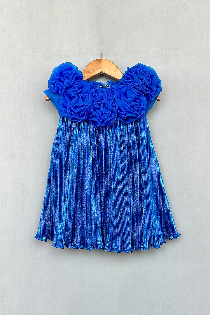 Royal Blue Shimmer Pleated Lycra Dress For Girls by Label Neeti at Pernia's Pop Up Shop