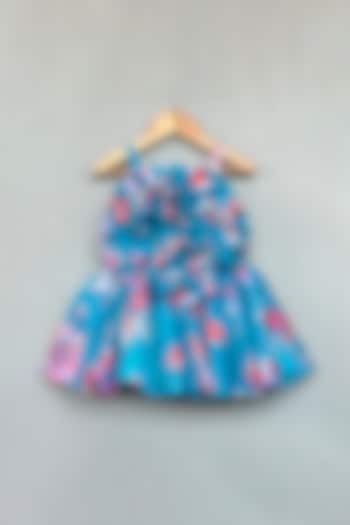 Turquoise Organza Floral Printed Ruffled Dress For Girls by Label Neeti at Pernia's Pop Up Shop