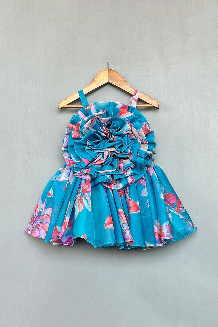 Turquoise Organza Floral Printed Ruffled Dress For Girls by Label Neeti at Pernia's Pop Up Shop
