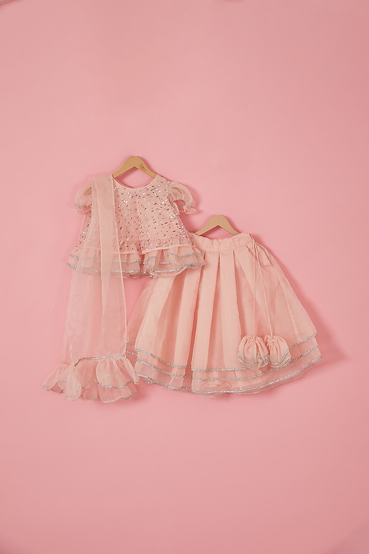 Pink Organza Layered Lehenga Set For Girls by Label Neeti at Pernia's Pop Up Shop