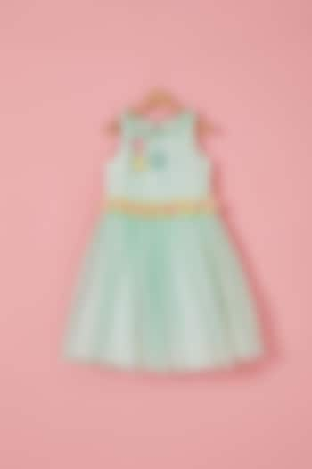 White & Aqua Blue Shimmer Lycra Embroidered Pleated Dress For Girls by Label Neeti at Pernia's Pop Up Shop