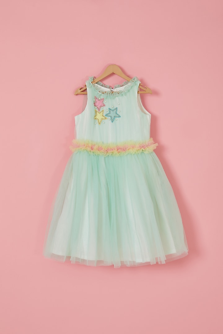 White & Aqua Blue Shimmer Lycra Embroidered Pleated Dress For Girls by Label Neeti at Pernia's Pop Up Shop