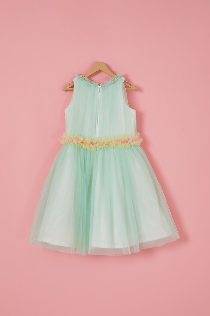 White & Aqua Blue Shimmer Lycra Embroidered Pleated Dress For Girls by Label Neeti at Pernia's Pop Up Shop