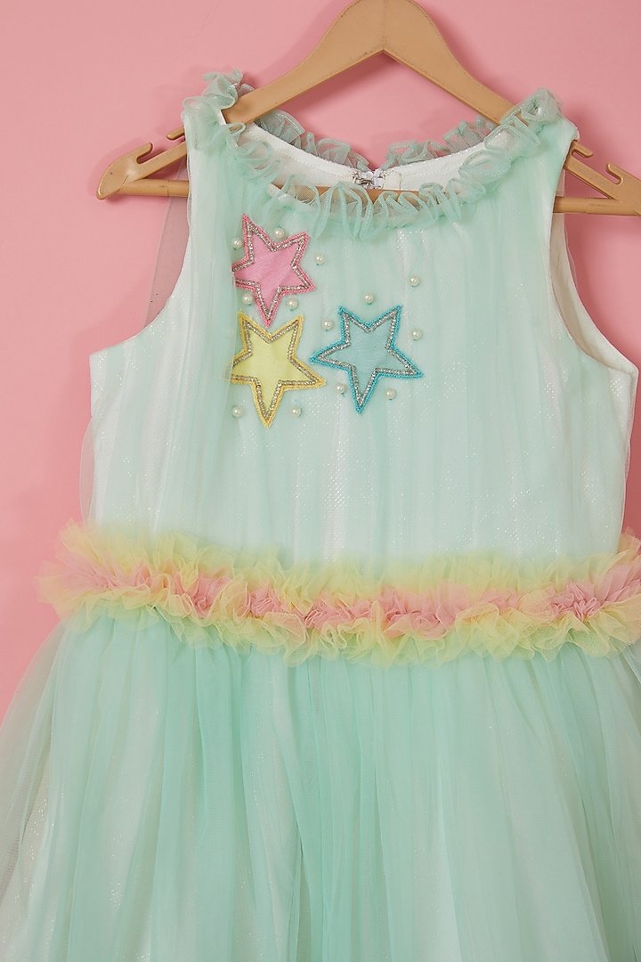 White & Aqua Blue Shimmer Lycra Embroidered Pleated Dress For Girls by Label Neeti at Pernia's Pop Up Shop