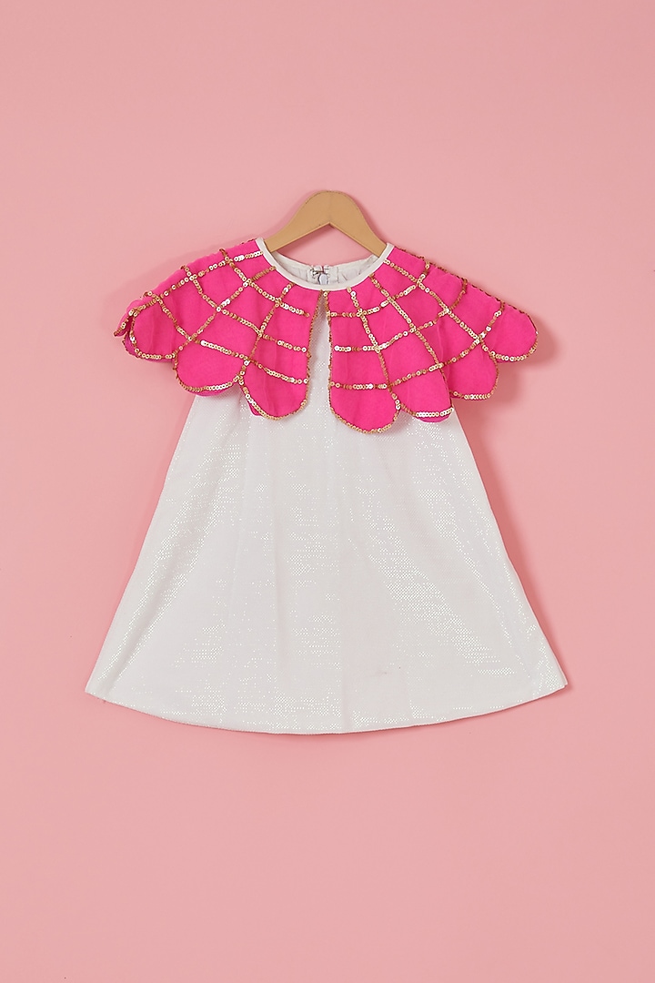 White & Pink Lycra Sequins Embroidered A-Line Dress For Girls by Label Neeti at Pernia's Pop Up Shop