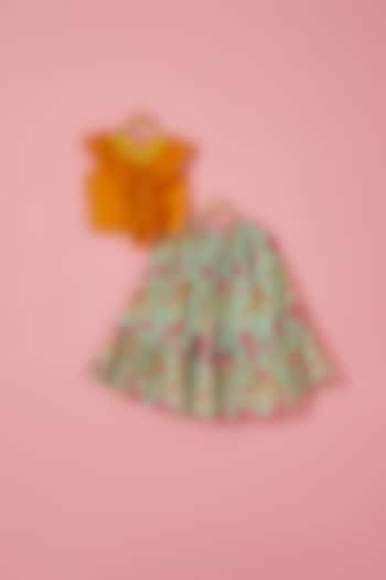 Green Georgette & Muslin Floral Printed Skirt Set For Girls by Label Neeti at Pernia's Pop Up Shop