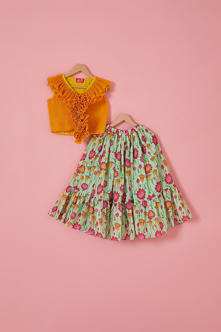 Green Georgette & Muslin Floral Printed Skirt Set For Girls by Label Neeti at Pernia's Pop Up Shop