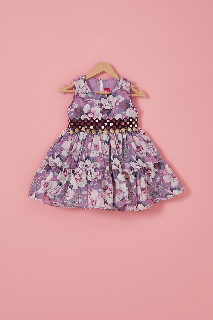 Purple Cotton Satin Floral Printed Layered Dress For Girls by Label Neeti at Pernia's Pop Up Shop