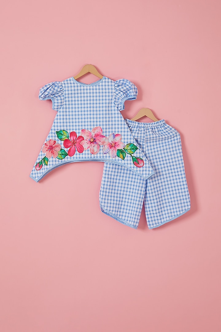 Cobalt Blue Cotton Floral Embroidered Co-Ord Set For Girls by Label Neeti at Pernia's Pop Up Shop