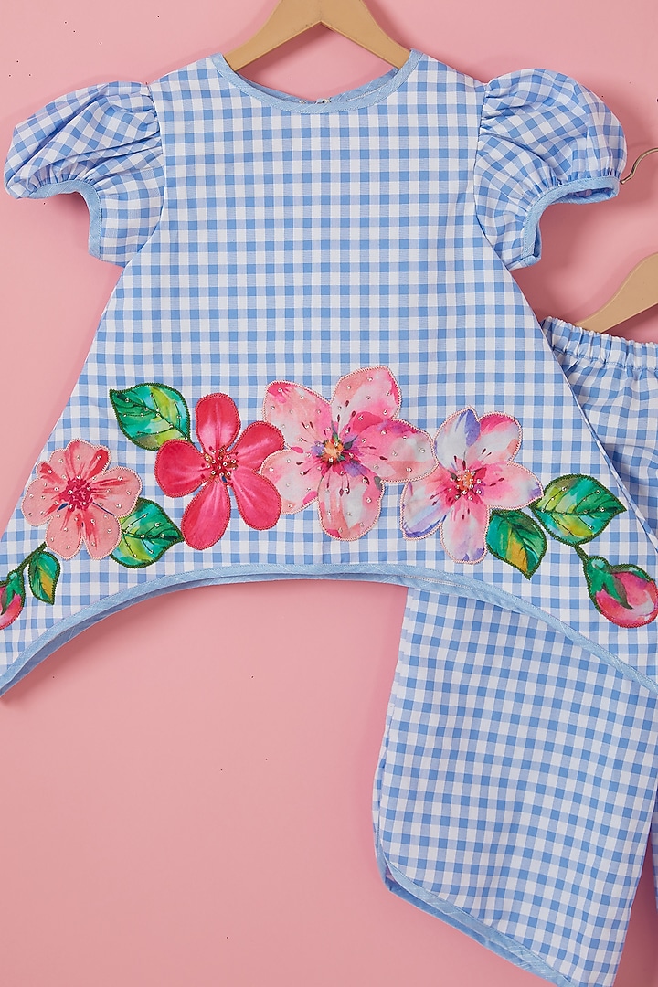 Cobalt Blue Cotton Floral Embroidered Co-Ord Set For Girls by Label Neeti at Pernia's Pop Up Shop
