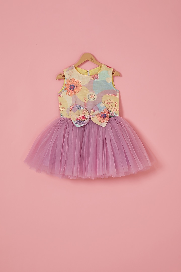 Purple & Peach Linen Blend & Net Floral Printed Flared Dress For Girls by Label Neeti at Pernia's Pop Up Shop