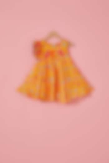 Yellow Satin & Net Floral Printed Flared Dress For Girls by Label Neeti at Pernia's Pop Up Shop