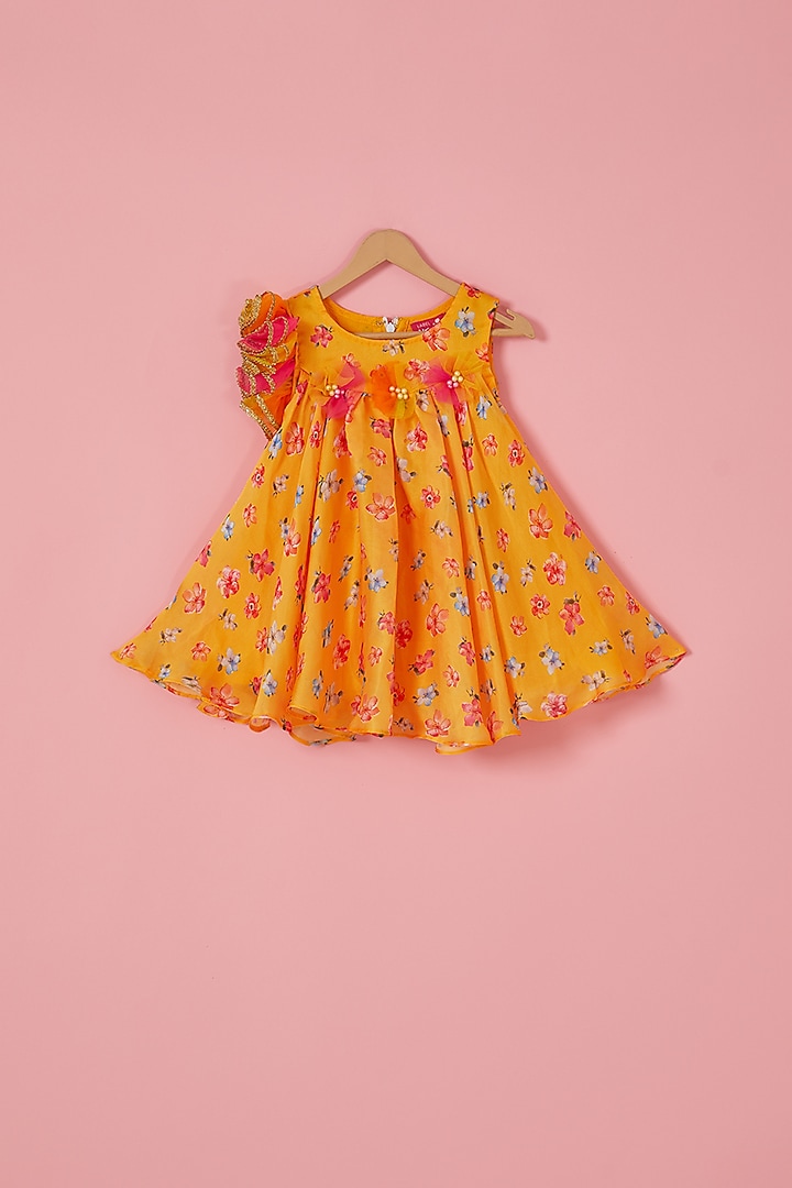 Yellow Satin & Net Floral Printed Flared Dress For Girls by Label Neeti at Pernia's Pop Up Shop