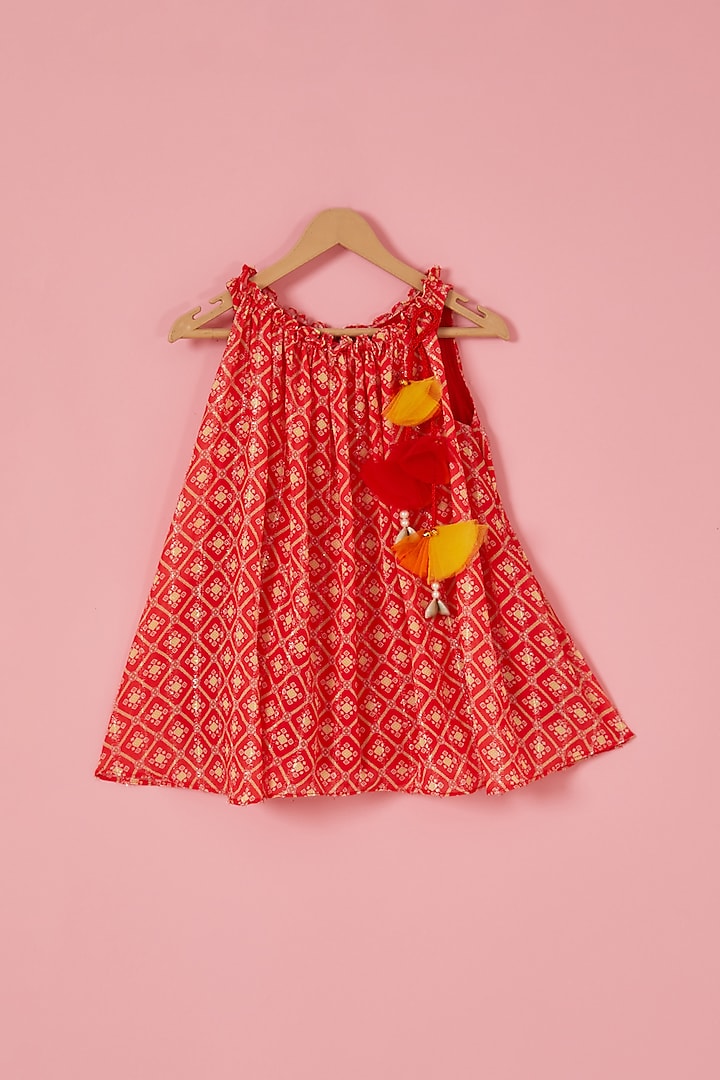 Red Georgette Geometric Printed Flared Dress For Girls by Label Neeti at Pernia's Pop Up Shop