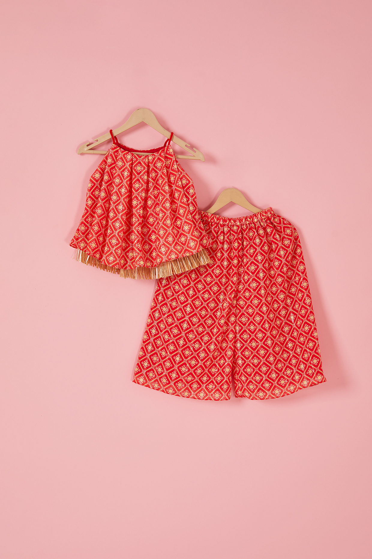 Red Georgette Geometric Printed Co-Ord Set For Girls by Label Neeti at Pernia's Pop Up Shop