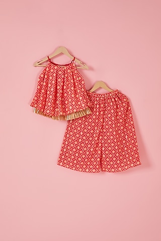 Red Georgette Geometric Printed Co-Ord Set For Girls by Label Neeti