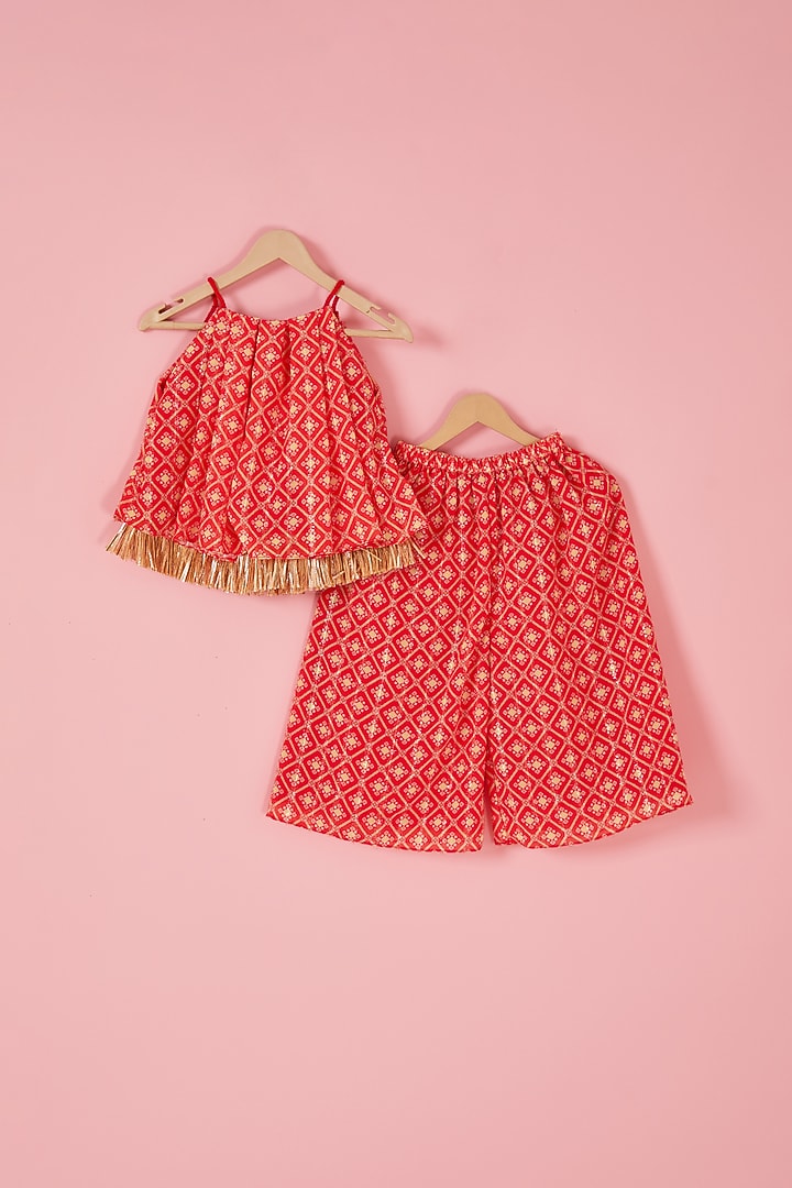 Red Georgette Geometric Printed Co-Ord Set For Girls by Label Neeti at Pernia's Pop Up Shop