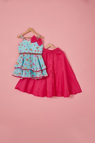 Rani Pink Satin & Cotton Satin Palazzo Pant Set For Girls by Label Neeti