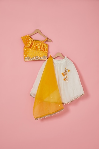Off-White Imported Satin & Net Lehenga Set For Girls by Label Neeti