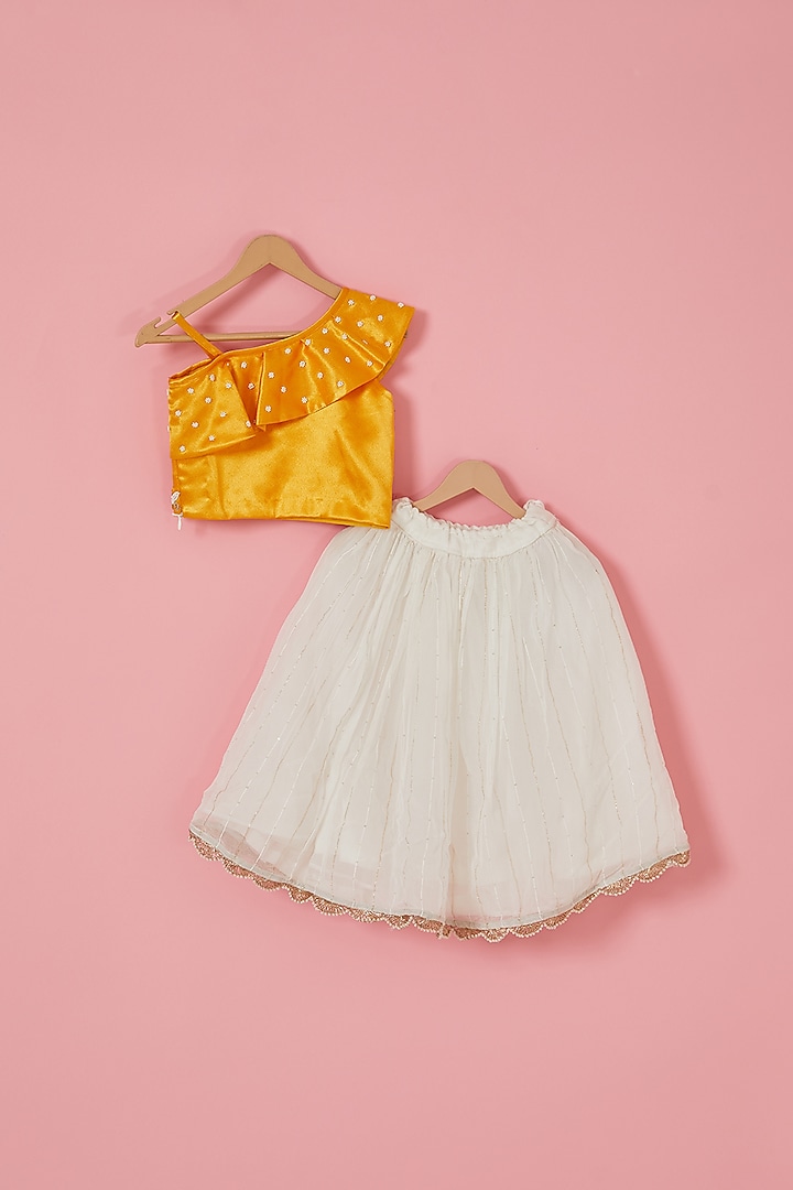 Off-White Imported Satin & Net Lehenga Set For Girls by Label Neeti at Pernia's Pop Up Shop