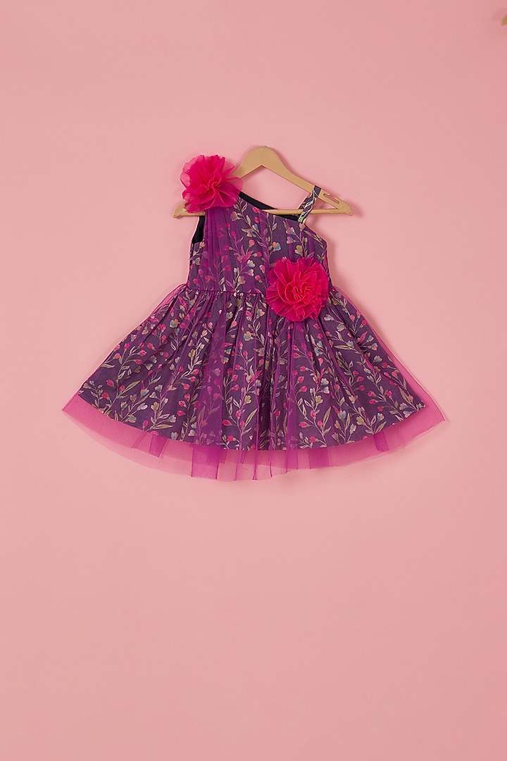 Purple & Pink Net Floral Printed One-Shoulder Dress For Girls by Label Neeti at Pernia's Pop Up Shop