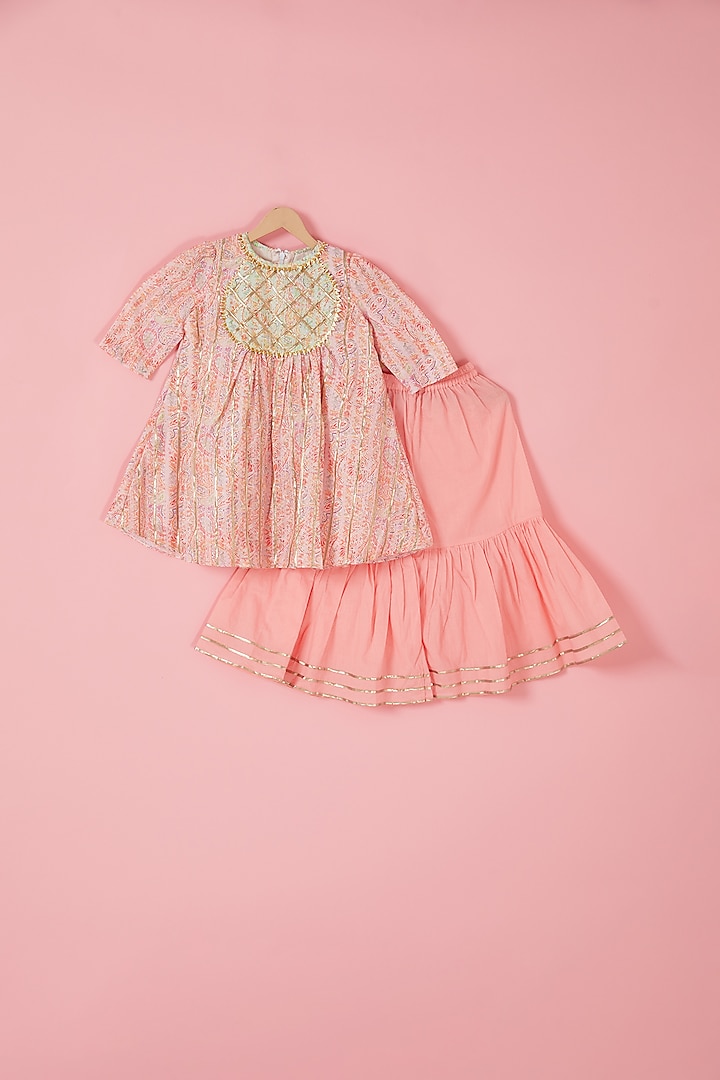 Pink Cotton & Cambric Sharara Set For Girls by Label Neeti at Pernia's Pop Up Shop