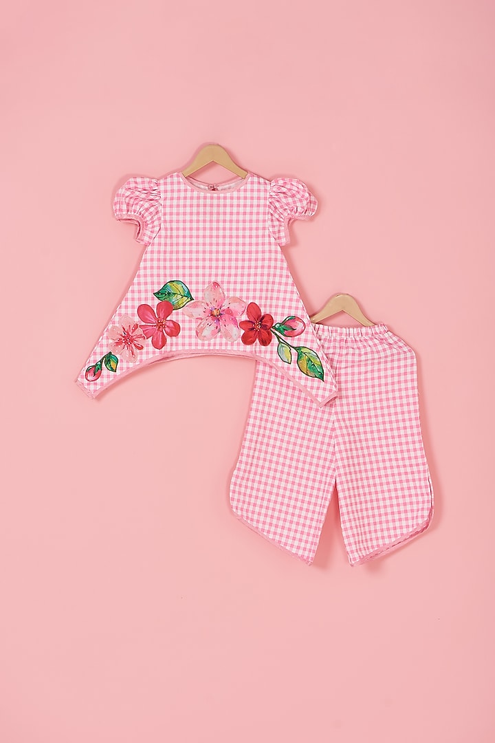 Pink Cotton Floral Embroidered Co-Ord Set For Girls by Label Neeti at Pernia's Pop Up Shop