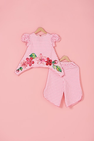 Pink Cotton Floral Embroidered Co-Ord Set For Girls by Label Neeti