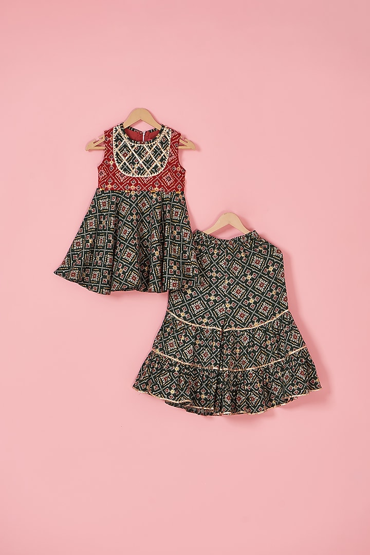 Green Cotton Patola Printed Layered Sharara Set For Girls by Label Neeti at Pernia's Pop Up Shop