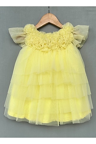 Lime Yellow Net & Organza Dress For Girls by Label Neeti