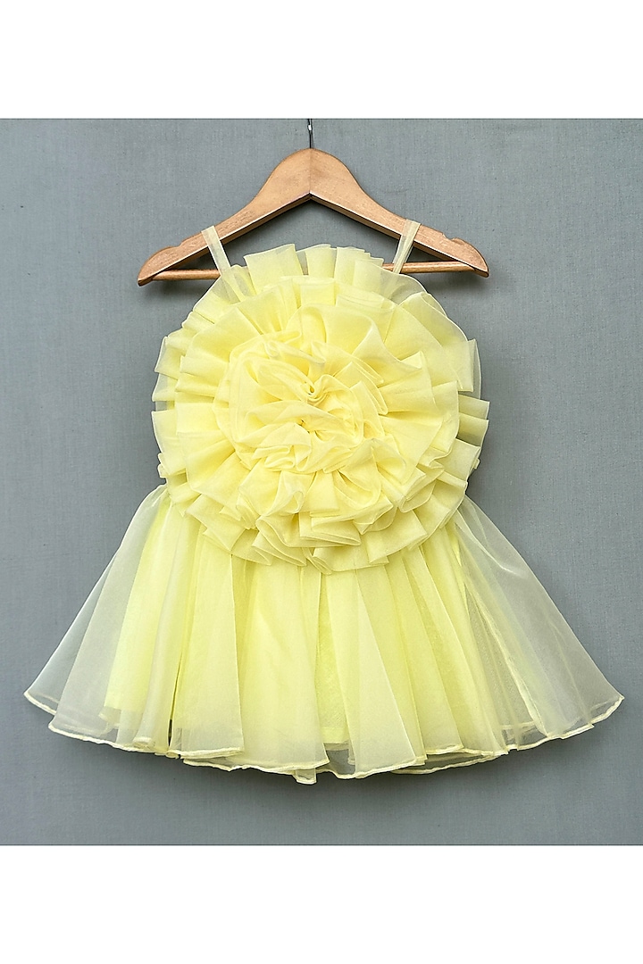 Lime Yellow Organza Floral Embroidered Dress For Girls by Label Neeti at Pernia's Pop Up Shop