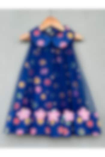 Navy Blue Net & Cotton 3D Floral Embroidered Dress For Girls by Label Neeti at Pernia's Pop Up Shop