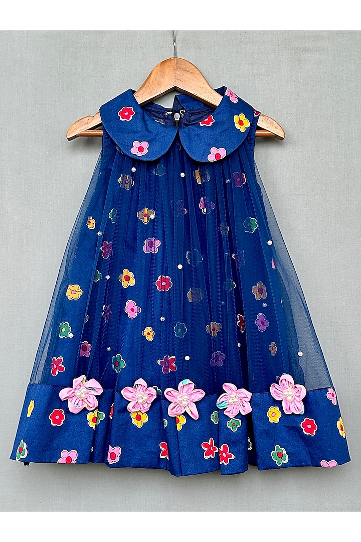 Navy Blue Net & Cotton 3D Floral Embroidered Dress For Girls by Label Neeti at Pernia's Pop Up Shop