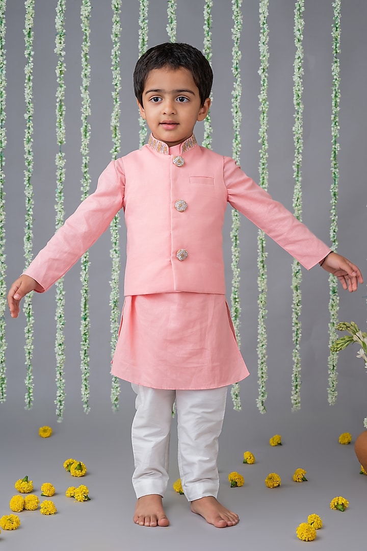 Pink Linen & Cotton Embroidered Nehru Jacket Set For Boys by Label Neeti